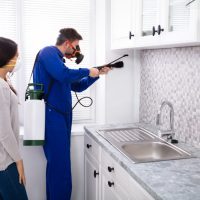 Pest Control Worker And Woman Spraying Pesticide With Torch In Kitchen